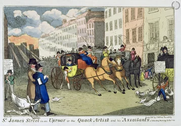 Ulice svatého Jakuba v rozruchu aneb The Quack Artist and his Assailants, pub. od S.W. Fores, 1819 (barevný lept)